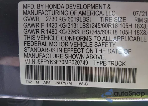 2021 Honda Ridgeline Rtl-E from USA, damaged, VIN 5FPYK3F70MB020749